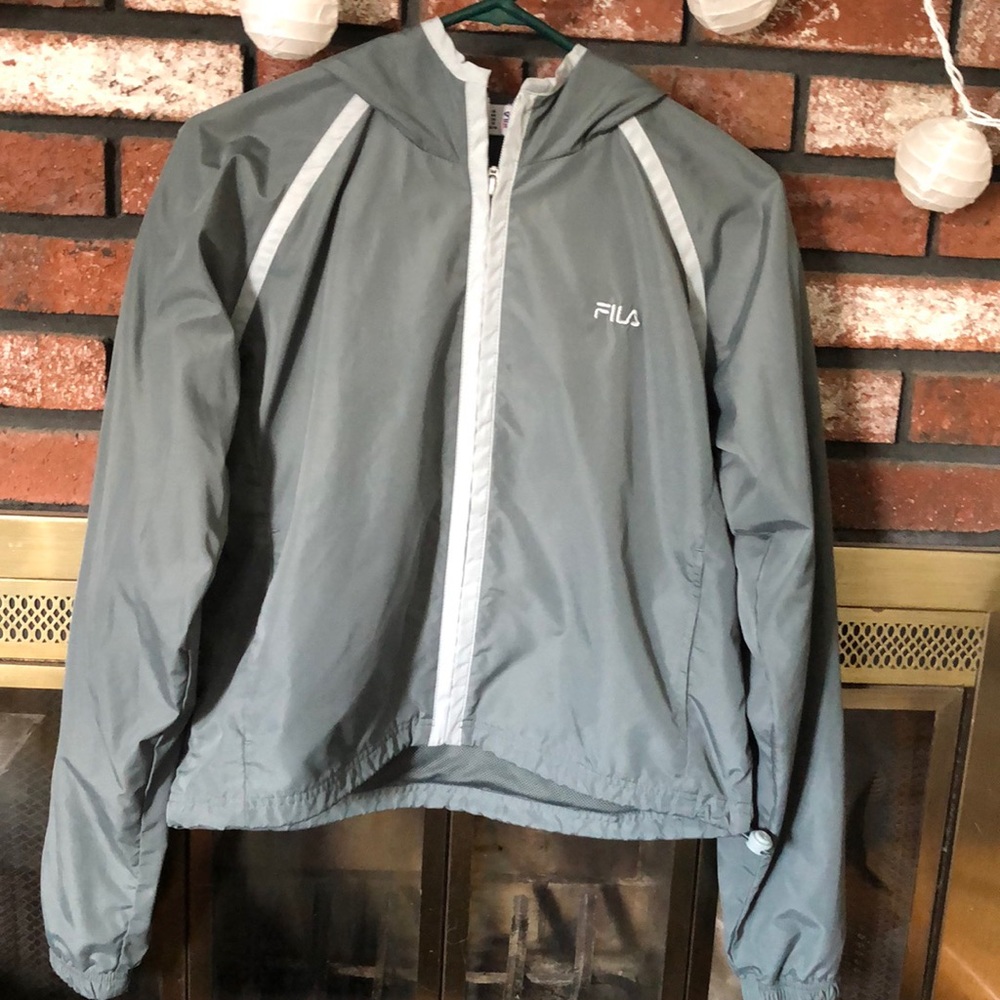 Fila running jacket, size M. Dark grey with light grey trim.